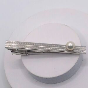 Vtg MCM Sterling & Akoya Pearl Tie Bar Clip 2.4” / 7mm Pearl
